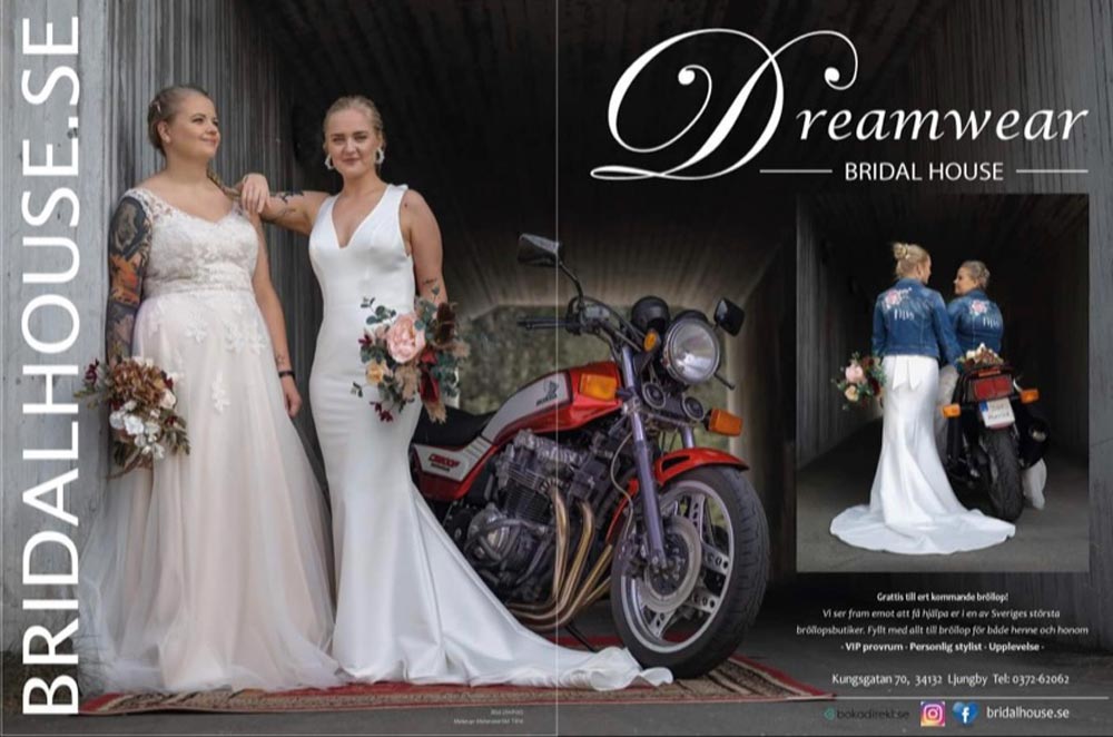 Reklambild för Dreamwear Bridalhouse med två kvinnor i bröllopsklänningar